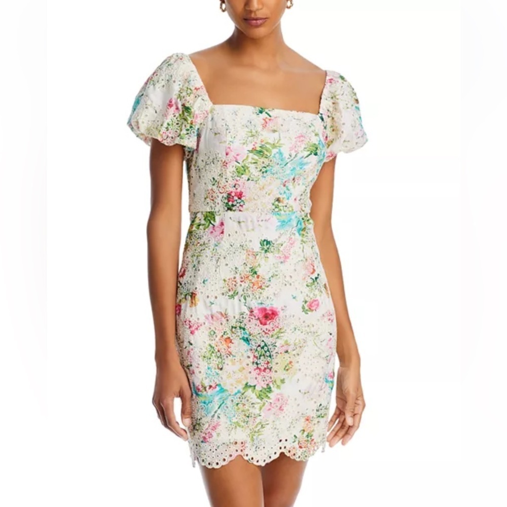 Aqua Floral Eyelet Puff Sleeve Mini Dress  Exclusive Bloomingdale’s New NWT S